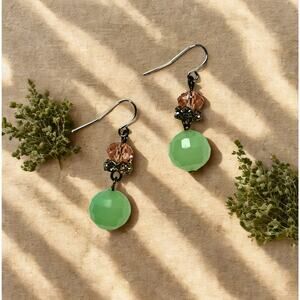 Milky Jade and Pink Bead Dangle Earrings with Rhinestones - Pierced